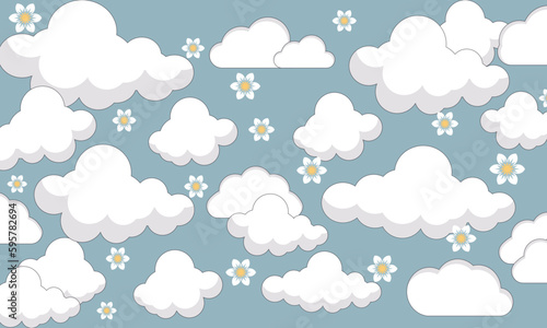 White fluffy cartoon clouds seamless pattern on light blue sky background. 