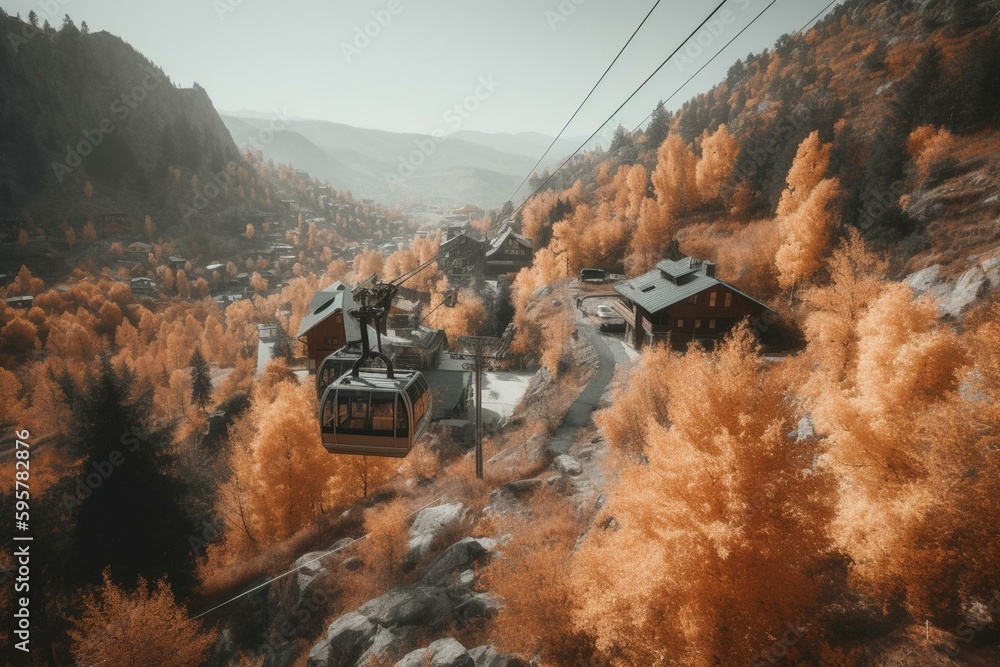 Mountain view with cabins, lifts, fall foliage, cable car and town. Generative AI