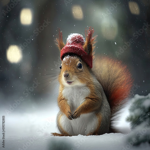 Squireel with red hat in winter forest, Generative AI photo