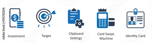 A set of 5 Mix icons as investment, target, clipboard settings