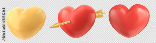 3d gold and red heart balloon icon with arrow vector isolated on transparent background. Shiny and glossy Valentine day shape element design. Cupid baloon dimensional symbol clipart collection.
