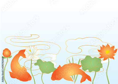 Oriental fish and lotus illustration. Chinese and japanese traditional background.