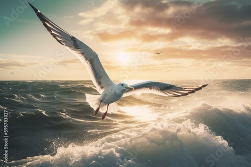 A peaceful albatross glides over the ocean waves with ease, wings outstretched as sunlight glistens on the water. Generative AI photo