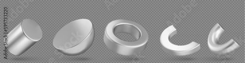 3d abstract different shapes objects. Metal figures, geometric forms of ring, cylinder, hemisphere, half of torus isolated on transparent background, vector realistic set