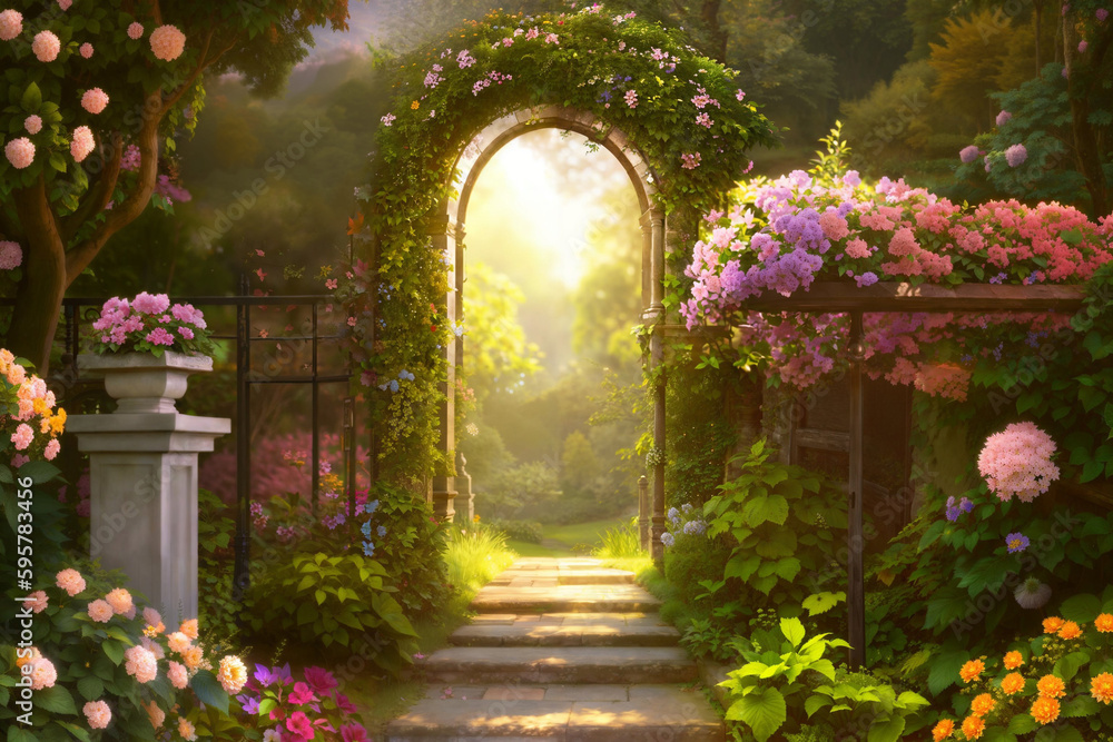 Fantasy garden background. Mystical entrance from a magical garden
