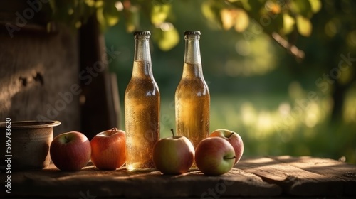 Zwei Flaschen frisch abgefüllter Apfelwein Cidre auf einem alten Holztisch vor verschwommenen Hintergrund mit Apfelhain an einem sonnigen Tag, Generative AI