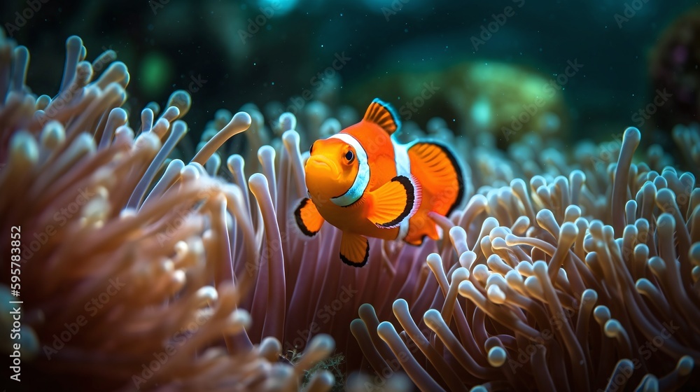 サンゴ礁の海を泳ぐクマノミのイメージ generative ai サンゴ礁の海を泳ぐクマノミのイメージ generative ai