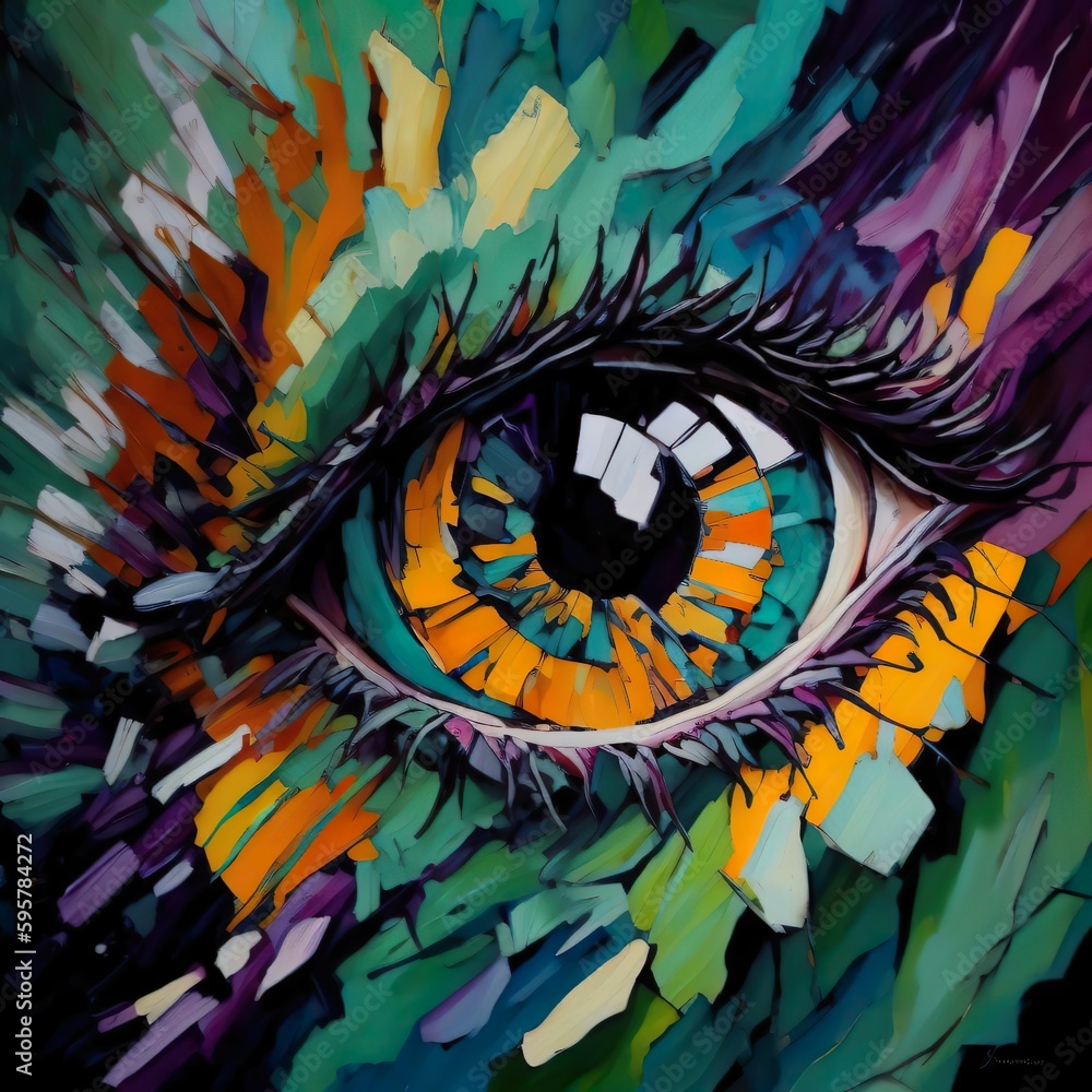 Fluorite” - oil painting. Conceptual abstract picture of the eye. Oil painting in colorful colors. Conceptual abstract closeup of an oil painting and palette knife on canvas. Generative AI