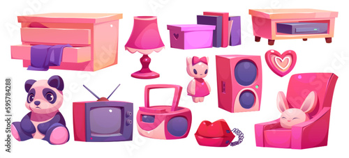 Cartoon set of teen girl bedroom furniture, interior design elements isolated on white background. Vector illustration of pink armchair, drawer, lamp, retro tv, tape recorder, telephone, kawaii toys