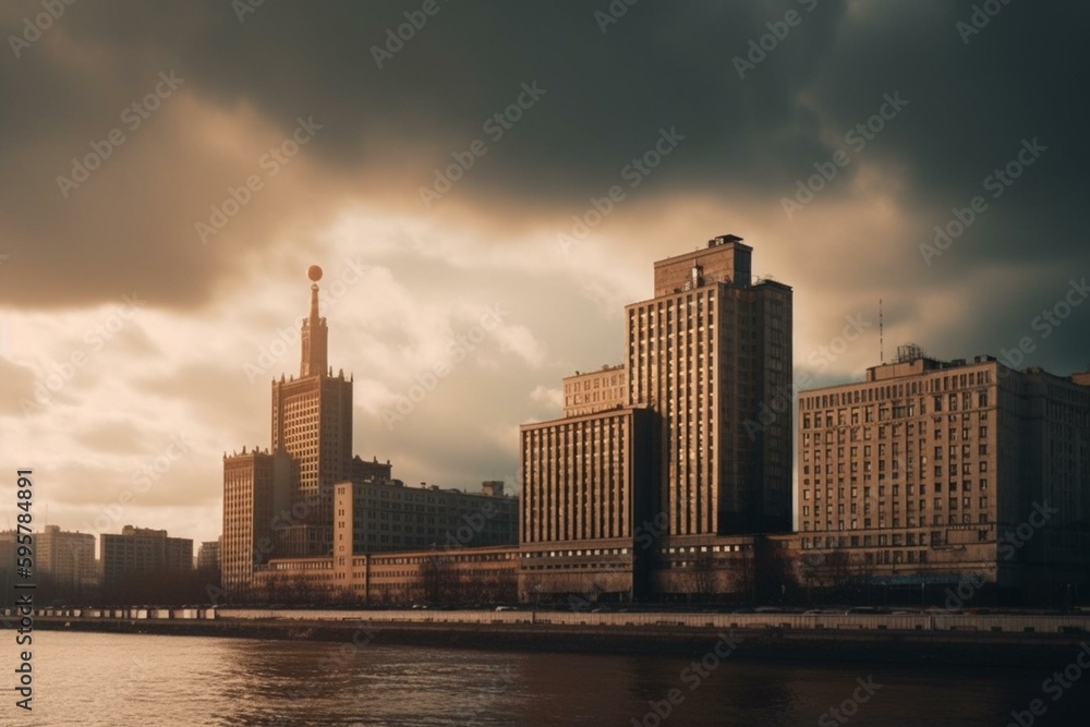 Soviet cityscape with modernist buildings and cloudy morning sky. Generative AI