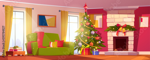 Christmas living room with fireplace. Vector illustration of cozy home interior design. Colorful gift boxes under decorated xmas tree, large windows, green couch, books on table, pictures on wall