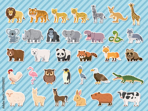 たくさんのかわいい動物のイラストセット　主線なし 白フチ