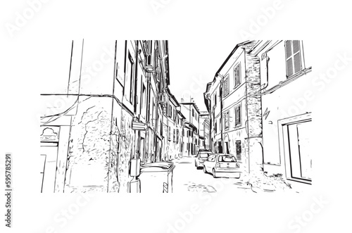 Building view with landmark of Rieti is the town in Italy. Hand drawn sketch illustration in vector.