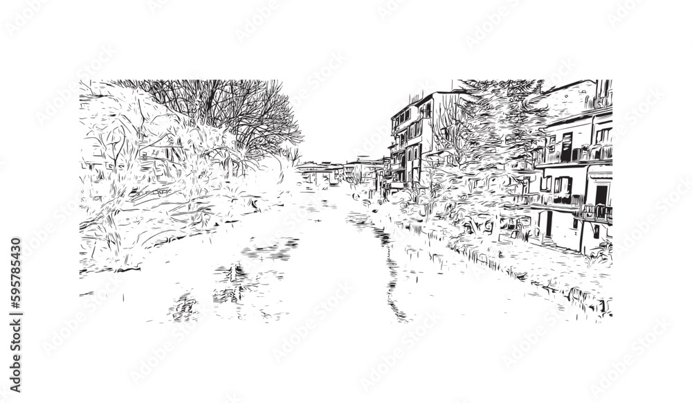 Obraz premium Building view with landmark of Rieti is the town in Italy. Hand drawn sketch illustration in vector.