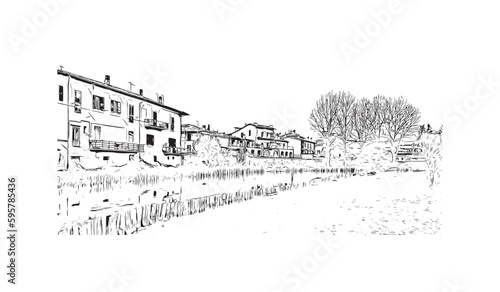 Building view with landmark of  Rieti is the town in Italy. Hand drawn sketch illustration in vector.