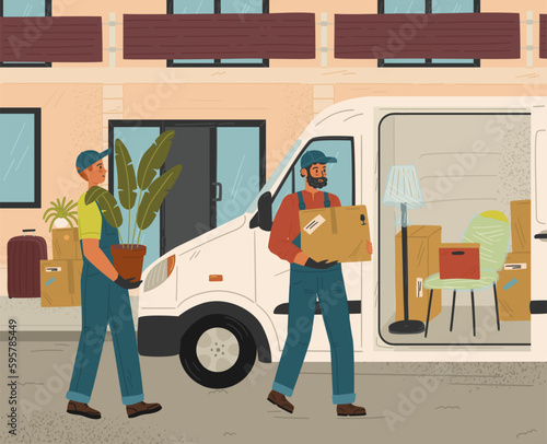 Two movers man holding and carrying cardboard box and loading truck. House move and relocation service concept vector illustration. Delivery van with home stuff and furniture