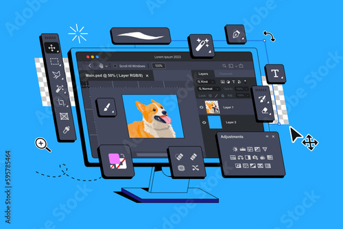 The Photo Editor Program is displayed on the computer. The display shows the Application for Editing Raster Images. Photography Footage montage. Pictures Editing Software Interface. Creating digital a