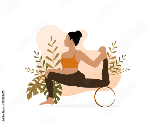Hip extension pose. Stretching the quadriceps with the yoga wheel. Young woman demonstrating yoga exercise with fitness tool. Vector illustration isolated on the white background