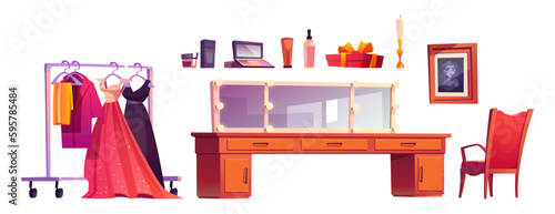 Makeup room with dressing table, mirror and dresses on hanger. Theater backstage interior with artist vanity table, costumes, mirror with light bulbs and cosmetics, vector cartoon set