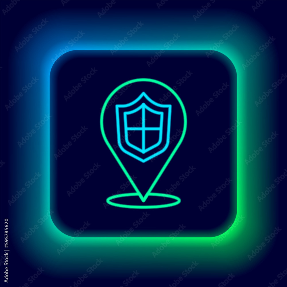 Glowing neon line Location shield icon isolated on black background. Insurance concept. Guard sign. Security, safety, protection, privacy concept. Colorful outline concept. Vector Glowing neon line Location shield icon isolated on black background. Insurance concept. Guard sign. Security, safety, protection, privacy concept. Colorful outline concept. Vector