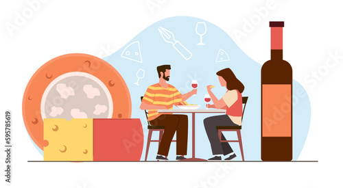 Alcohol tasting, man and woman having fun and tasting wine and cheese. Degustation in cafe or restaurant. Relaxing persons at date cartoon flat illustration. Vector tiny people concept