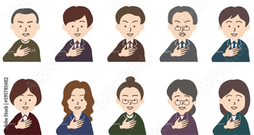 スーツを着た男性と女性人物のアイコンセット_おまかせください