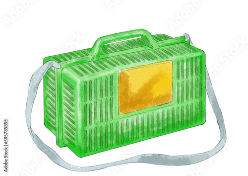 オレンジ蓋の緑色のひも付き虫かごのイラスト（水彩風）