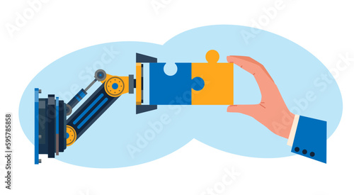 Businessman hand and robot put together puzzle, partnership between human and robot. Teamwork with Ai. Future technologies cartoon flat isolated vector artificial intelligence concept