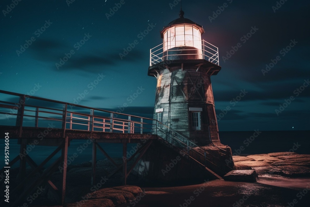 Nighttime image of a lit-up lighthouse created through digital means. Generative AI