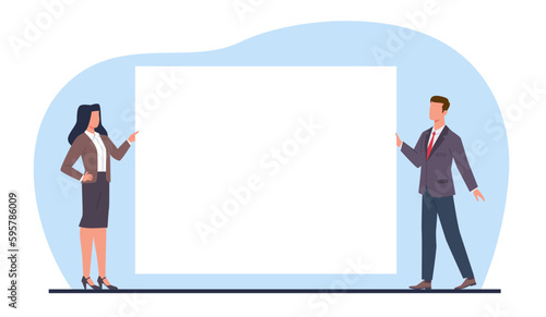 Businessman holding white placard. Woman and man in office suit stand and hold poster. Billboard in hands. Empty space for text. Sheet or document. Cartoon flat isolated vector concept © YummyBuum