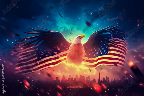 Eagle and flag united state of America on sky background. Independence day. Generative AI