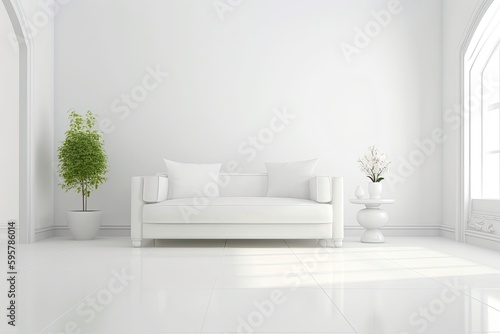 modern living room with a white couch and a green potted plant. Generative AI