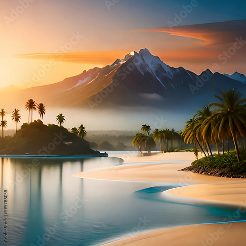 tropical island with many palmtrees  no sunrise or sunset  realistic