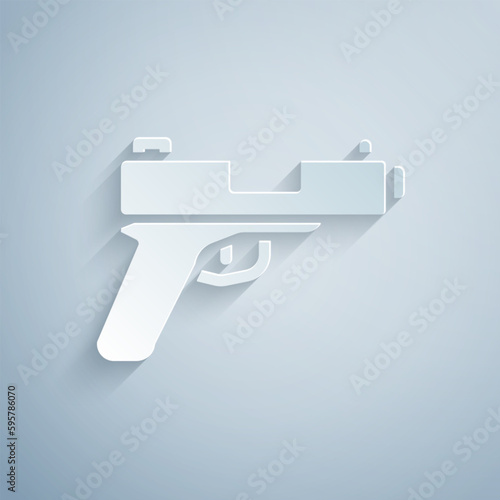 Paper cut Pistol or gun icon isolated on grey background. Police or military handgun. Small firearm. Paper art style. Vector
