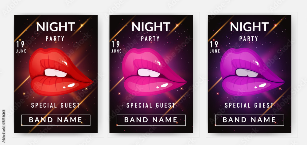 Night club party posters set with colorful lips and shiny dark background.