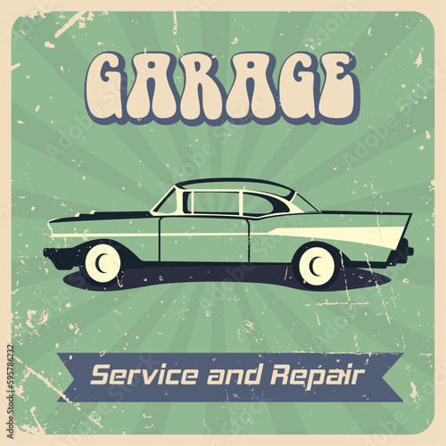 Classic car service and repair garage vintage poster. Retro car banner, flyer concept with rays background. 