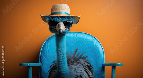 Funny ostrich wearing sunglasses and hat sitting on a chair, generative ai illustration with copy space on orange background