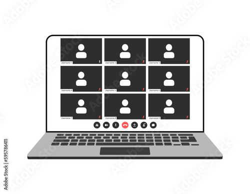 Videocall interface, video call screen icons and UI template for laptop, vector overlay. Video conference or videocall online chat mockup for laptop application with call buttons