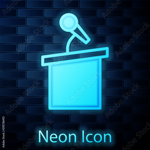 Glowing neon Stage stand or debate podium rostrum icon isolated on brick wall background. Conference speech tribune. Vector