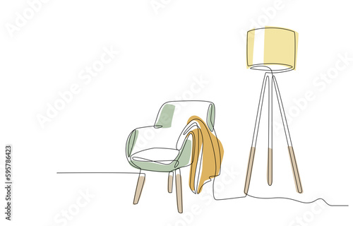 Continuous line drawing of armchair, plaid, floor lamp. One line of cozy interior Living room with modern furniture. Single line Hand draw contour of indoor furniture. Doodle vector illustration