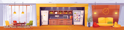Break room with kitchen in office. Lunch table with chair at work. Canteen interior with fridge, microwave and drink bottle in vending machine. Company lobby ergonomic design cartoon illustration.