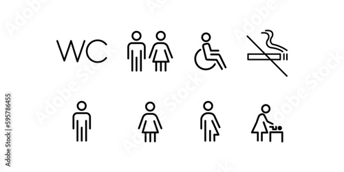 Toilet line icon set. WC sign. Men,women,mother with baby and handicap symbol. Restroom for male, female, transgender, disabled. Vector graphics