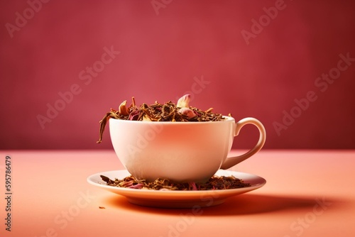 Brewed tea in a cup with dry loose tea on a pink background. Tea concept. Generative AI