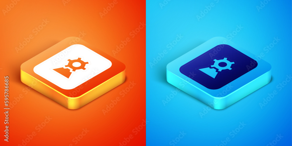 Isometric Music or video settings button icon isolated on orange and blue background. Vector Isometric Music or video settings button icon isolated on orange and blue background. Vector