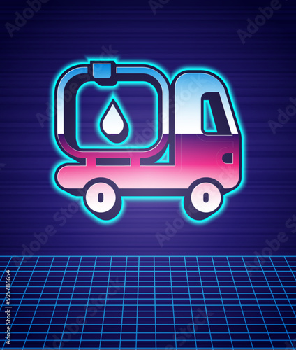 Retro style Fuel tanker truck icon isolated futuristic landscape background. Gasoline tanker. 80s fashion party. Vector