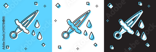 Set Sword with blood icon isolated on blue and white, black background. Medieval weapons knight and soldier. Symbol of murder. Vector