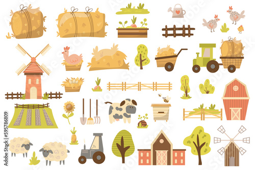 Farming mega set elements in flat design. Bundle of growing vegetables, poultry farming, animal husbandry, horticulture, beekeeping, harvesting, farmland. Vector illustration isolated graphic objects