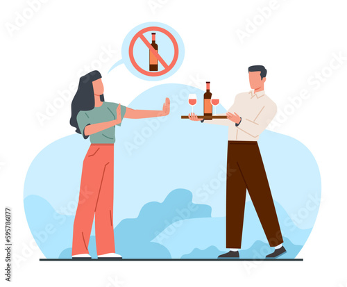 Concept of quitting bad habits, girl against drinking alcohol. Stop hand gesture. Healthy lifestyle. Girl reject wine, woman said no, booze forbidden, alcoholism cartoon vector illustration