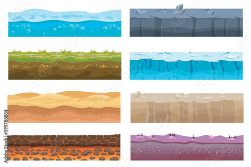 Game level ground mega set elements in flat design. Bundle of water, grass with soil, desert sand, hot lava, stone, snow and ice, rockland templates. Vector illustration isolated graphic objects