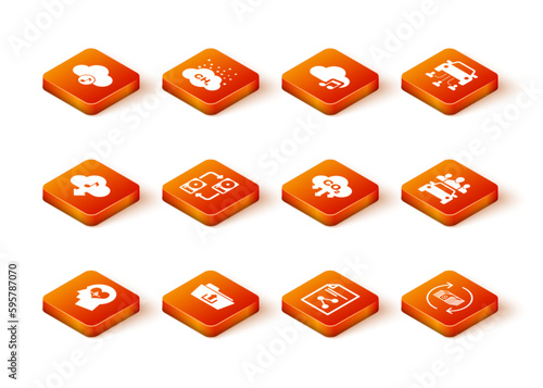 Set Head with heartbeat, Folder upload, Cloud download music, Data exchange hhd, Share file and CO2 emissions in cloud icon. Vector